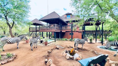 a group of zebras standing in front of a house at Kruger Kumba - Mugwenzi in Marloth Park