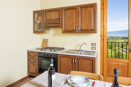 eine Küche mit Holzschränken und einem Herd mit Backofen in der Unterkunft Roel Apartments Lazise in Calmasino