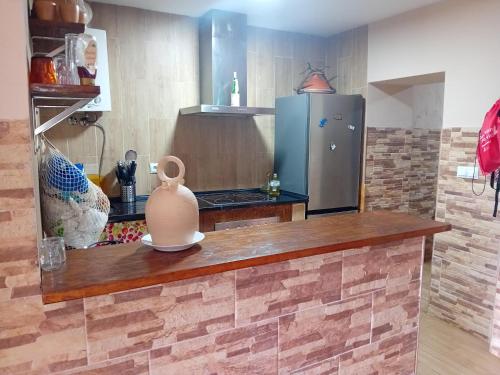 a kitchen with a counter with a refrigerator at Villa Mina in Minas de Ríotinto