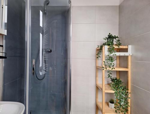 ein Bad mit einer Dusche und einem Waschbecken in der Unterkunft Beautiful and Spacious Apartment 69m2 for 5 guests next to Florian's Gate in Krakau