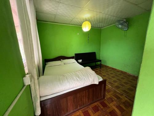 a green room with a bed and a desk with a laptop at Langhali Agricultural Homestay in Pokhara