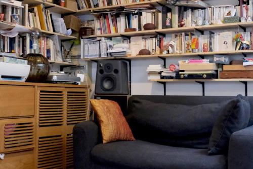 a living room with a couch and book shelves at Maison en bois au fond du jardin in Fontenay-sous-Bois