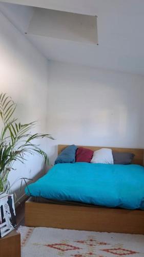 - un lit avec un oreiller bleu dans l'établissement Maison en bois au fond du jardin, à Fontenay-sous-Bois