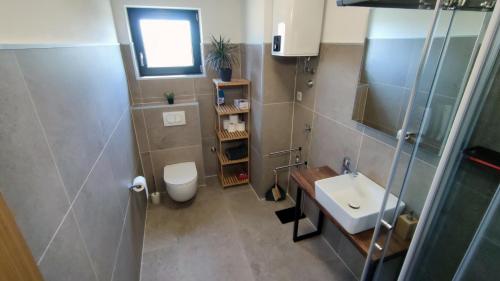 a small bathroom with a toilet and a sink at Modern apartment in Biograd na Moru