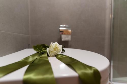 a green bow on top of a toilet in a bathroom at Villa Musica in Lenzburg