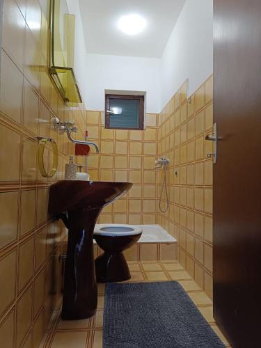 a bathroom with a sink and a toilet and a shower at Apartmani Potok in Trpanj