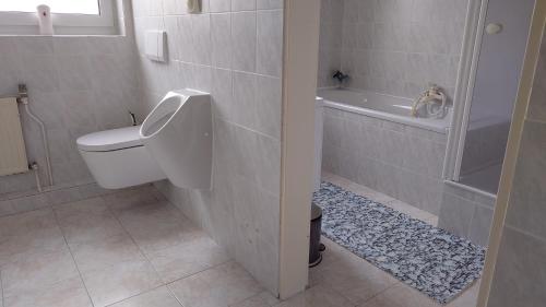 a bathroom with a toilet and a tub and a sink at Ferienwohnung Rackl in Furth im Wald