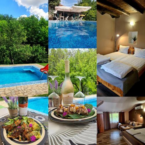 un collage de fotos de un hotel con piscina en Orehite-Family Hotel ,Food & Pool en Bozhichen