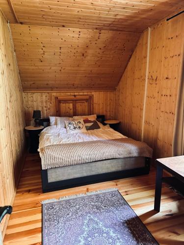 a bedroom with a bed in a wooden cabin at ROZTOCZE u ALEKSA SUSIEC - JACUZII , GORĄCA BALIA!!! in Susiec