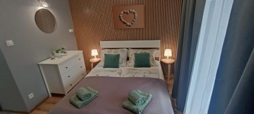 niewielka sypialnia z łóżkiem z zielonymi poduszkami w obiekcie Apartamenty Gościnne Idylla w Kudowie Zdroju
