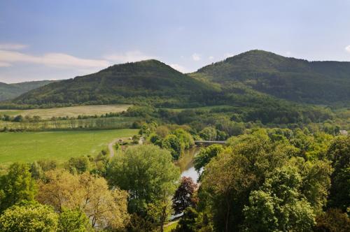 a view of a valley with a river and mountains at Chata lázně Evženie Klášterec nad Ohří in Klášterec nad Ohří