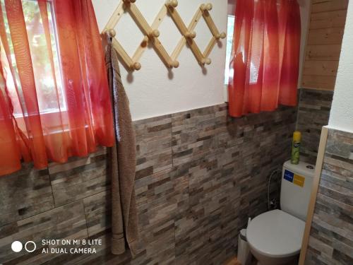 a bathroom with red curtains and a toilet at Chata lázně Evženie Klášterec nad Ohří in Klášterec nad Ohří