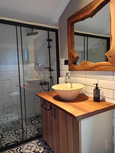 a bathroom with a sink and a glass shower at Villa Atroa Gölevi in Orhangazi