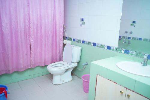 a bathroom with a toilet and a pink shower curtain at Rainbow Guest House in Sylhet