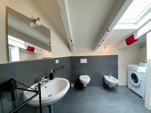 a bathroom with a sink and a washing machine at Casa Pisterna in Acqui Terme