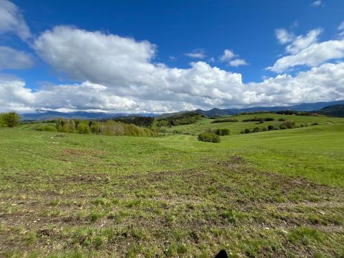 a field of green grass with mountains in the background at U Martinov in Poniky