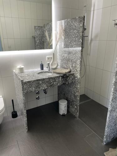 y baño con lavabo y espejo. en Brenzapartments Königsbronn 1 und 2, en Königsbronn