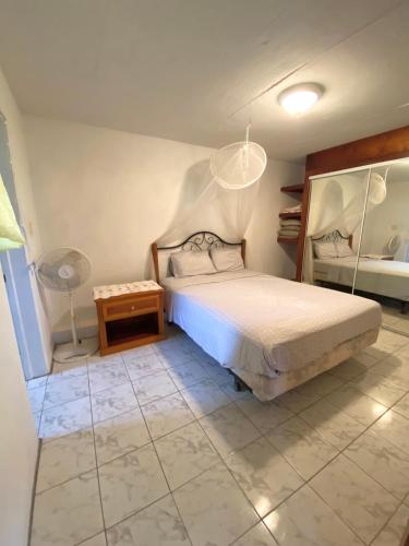 a bedroom with a bed and a table and a fan at Coconut house Charlestown nevis in Charlestown