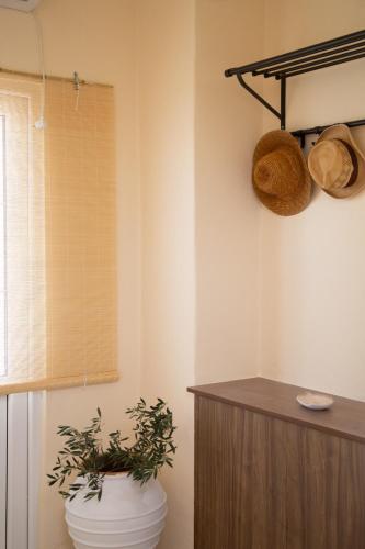 a bathroom with a toilet and a plant in it at Poseidon Apartments and Villas by the Sea in Sounio