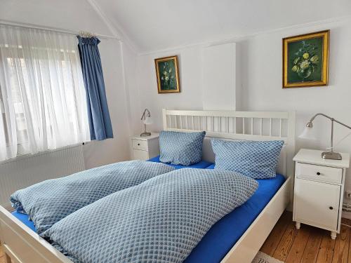 ヴェスターラントにあるGrenzhof-Blumenwohnungのベッドルーム1室(青いシーツと窓付)