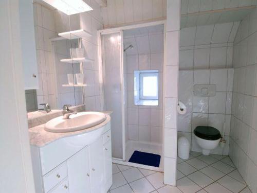 ヴェスターラントにあるGrenzhof-Blumenwohnungの白いバスルーム(洗面台、トイレ付)