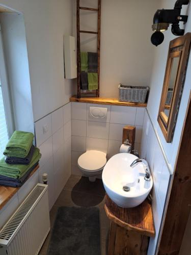 a bathroom with a white sink and a toilet at Zum Jandel in Boppard