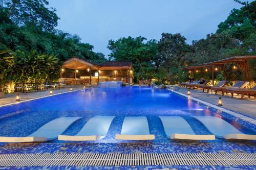 a large swimming pool with chairs and a resort at Green Mansions Jungle Resort in Sauraha