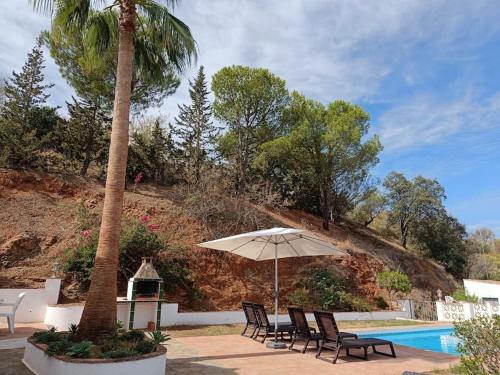 - un groupe de chaises et un parasol à côté de la piscine dans l'établissement Casa del Barco with pool and stunning views, à Guaro