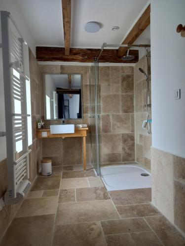 y baño con ducha y lavamanos. en Gite Chez Guynette en Saint-Félix-de-Lunel