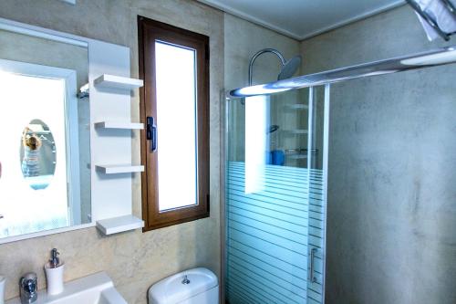 a bathroom with a shower and a toilet and a sink at Lida Garden Studio in Anavyssos
