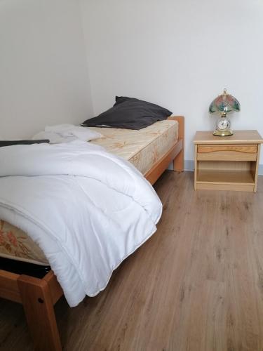 une chambre avec un lit et une table de chevet dans l'établissement Location meublé non professionnels, à Bains