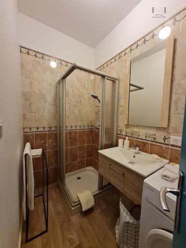 une salle de bain avec une douche, un lavabo et des toilettes dans l'établissement Art déco, à Autun