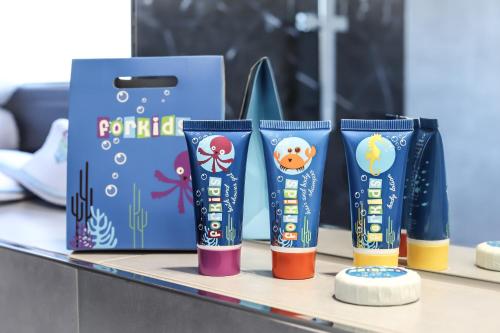 a row of five different types of puddles on a shelf at Hotel Maralák in Kunčice pod Ondřejníkem
