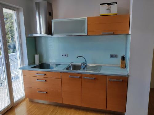 a kitchen with a sink and a microwave at Sunshine apartment Bled in Bled