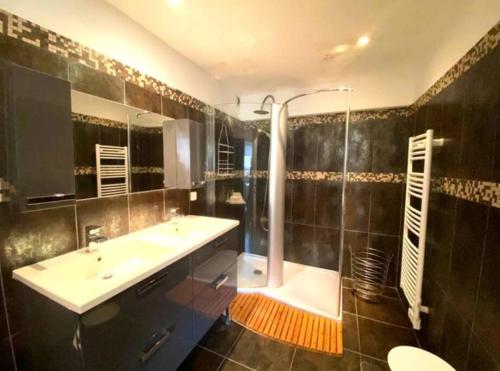 une salle de bain avec un lavabo et une douche dans l'établissement T3 Rdc Accès Plage à 50 m - Rupione, à Pietrosella