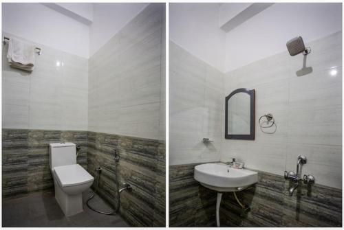 Duas fotografias de uma casa de banho com WC e lavatório. em Hotel Raj Ganga Haridwar Near Raja Ji National park Jeep Safari - Excellent Customer Choice- Best Seller em Haridwār