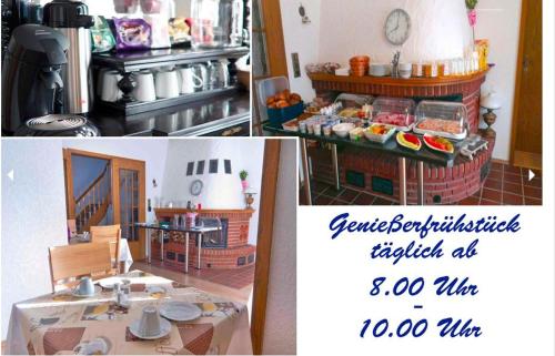 een collage van drie foto's van een keuken met een tafel bij Pension Haus Norddeich Mole in Norddeich