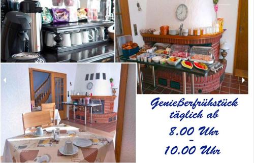 a collage of three pictures of a kitchen with a table at Pension Haus Norddeich Mole in Norddeich