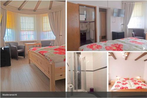 een collage van drie foto's van een slaapkamer bij Pension Haus Norddeich Mole in Norddeich