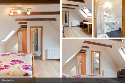 een collage van foto's van een kamer met een bed bij Pension Haus Norddeich Mole in Norddeich