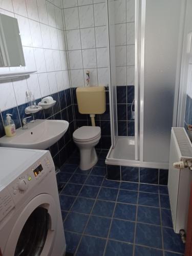 尼賴吉哈佐的住宿－Levendula Apartman Nyíregyháza，浴室配有卫生间、盥洗盆和洗衣机。