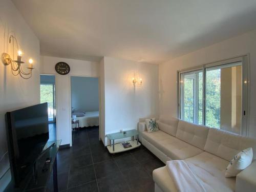 un salon avec un canapé et une télévision à écran plat dans l'établissement Appartement T4 - 50m de la mer, à Pietrosella