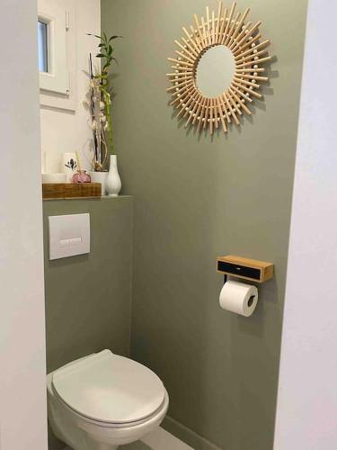 une salle de bain avec toilettes et un miroir au mur dans l'établissement Maison cosy. Mandres, à Mandres-les-Roses