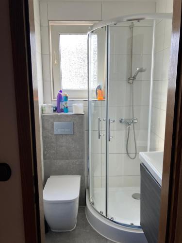 ein Bad mit einer Dusche, einem WC und einem Waschbecken in der Unterkunft 3 Rooms Apartment in Hannover Wifi free in Hannover