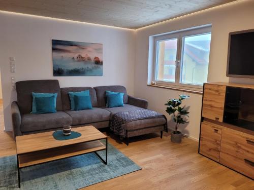 a living room with a couch and a tv at Haus Wiesenquelle - Fewo 14 "Timeout", Feldberg in Feldberg