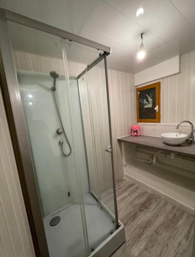 une salle de bain avec une douche en verre et un lavabo dans l'établissement Appartement en soubassement, à Port-de-Bouc