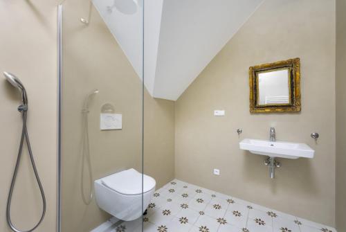 a bathroom with a shower and a toilet and a sink at Soul Apartments Mikulov in Mikulov