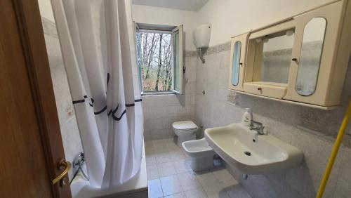 a bathroom with a sink and a toilet and a mirror at Star house in Forlì del Sannio