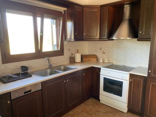 a kitchen with wooden cabinets and a sink and a window at KARMA House by the River in Paramythia