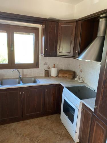 a kitchen with wooden cabinets and a sink and a stove at KARMA House by the River in Paramythia